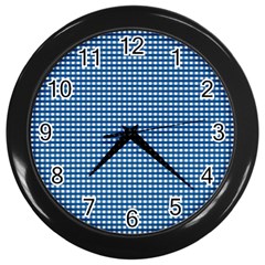 Gingham Plaid Fabric Pattern Blue Wall Clock (black) by HermanTelo