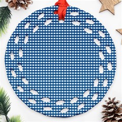 Gingham Plaid Fabric Pattern Blue Ornament (round Filigree)