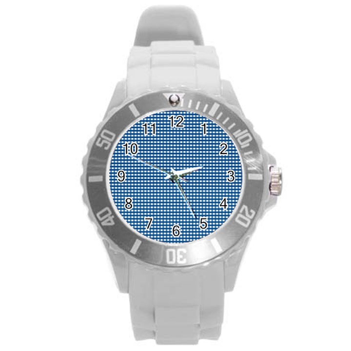 Gingham Plaid Fabric Pattern Blue Round Plastic Sport Watch (L)