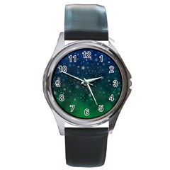 Background Blue Green Stars Night Round Metal Watch