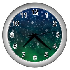 Background Blue Green Stars Night Wall Clock (Silver)