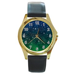 Background Blue Green Stars Night Round Gold Metal Watch