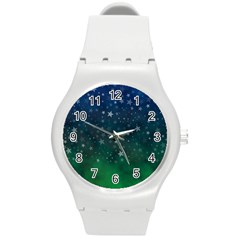 Background Blue Green Stars Night Round Plastic Sport Watch (M)