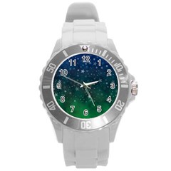 Background Blue Green Stars Night Round Plastic Sport Watch (L)