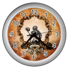 Awesome Skeleton With Skulls Wall Clock (Silver)