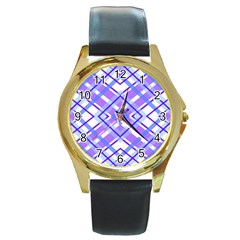 Geometric Plaid Purple Blue Round Gold Metal Watch by Mariart