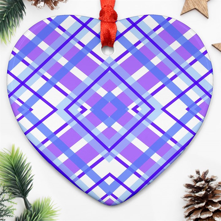 Geometric Plaid Purple Blue Heart Ornament (Two Sides)