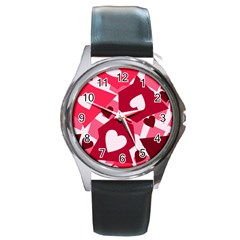 Pink Hearts Pattern Love Shape Round Metal Watch