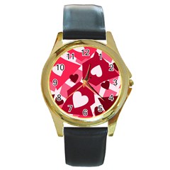 Pink Hearts Pattern Love Shape Round Gold Metal Watch by Bajindul