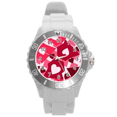 Pink Hearts Pattern Love Shape Round Plastic Sport Watch (l)