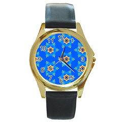 Pattern Backgrounds Blue Star Round Gold Metal Watch by HermanTelo