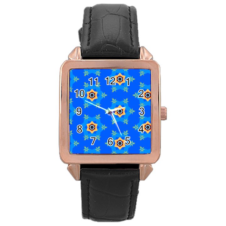 Pattern Backgrounds Blue Star Rose Gold Leather Watch 