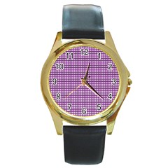 Gingham Plaid Fabric Pattern Purple Round Gold Metal Watch by HermanTelo