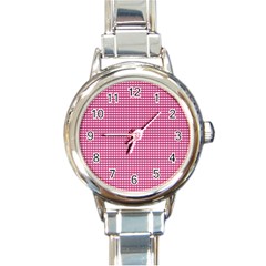 Gingham Plaid Fabric Pattern Pink Round Italian Charm Watch by HermanTelo