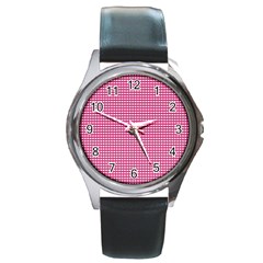 Gingham Plaid Fabric Pattern Pink Round Metal Watch by HermanTelo