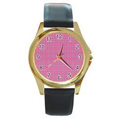 Gingham Plaid Fabric Pattern Pink Round Gold Metal Watch by HermanTelo