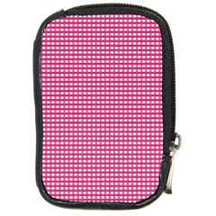 Gingham Plaid Fabric Pattern Pink Compact Camera Leather Case by HermanTelo