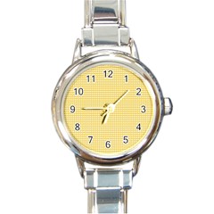 Gingham Plaid Fabric Pattern Yellow Round Italian Charm Watch by HermanTelo