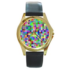 Jigsaw Puzzle Background Chromatic Round Gold Metal Watch by HermanTelo