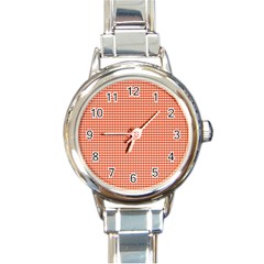 Gingham Plaid Fabric Pattern Red Round Italian Charm Watch by HermanTelo