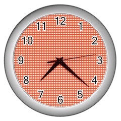 Gingham Plaid Fabric Pattern Red Wall Clock (silver) by HermanTelo