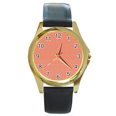 Gingham Plaid Fabric Pattern Red Round Gold Metal Watch by HermanTelo