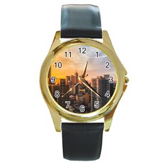 View Of High Rise Buildings During Day Time Round Gold Metal Watch by Pakrebo