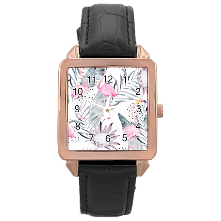 Tropical flamingos Rose Gold Leather Watch 