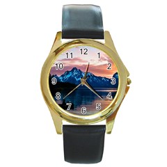 Tree Near Mountain Range Round Gold Metal Watch by Pakrebo