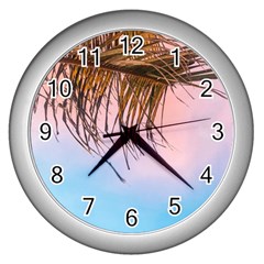 Two Green Palm Leaves On Low Angle Photo Wall Clock (silver) by Pakrebo