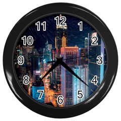 High Rise Buildings With Lights Wall Clock (Black)