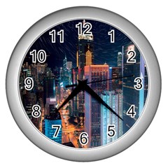 High Rise Buildings With Lights Wall Clock (Silver)