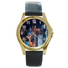 High Rise Buildings With Lights Round Gold Metal Watch