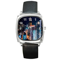 High Rise Buildings With Lights Square Metal Watch