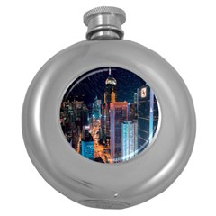 High Rise Buildings With Lights Round Hip Flask (5 oz)