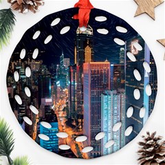 High Rise Buildings With Lights Round Filigree Ornament (Two Sides)