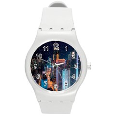 High Rise Buildings With Lights Round Plastic Sport Watch (M)