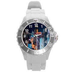 High Rise Buildings With Lights Round Plastic Sport Watch (L)