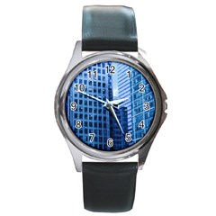 City Blue Building Construction Round Metal Watch by Pakrebo