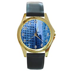 City Blue Building Construction Round Gold Metal Watch by Pakrebo