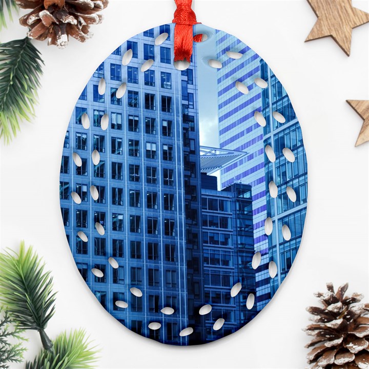 City Blue Building Construction Oval Filigree Ornament (Two Sides)