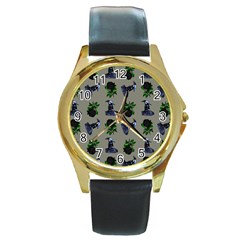 Gothic Girl Rose Grey Pattern Round Gold Metal Watch by snowwhitegirl