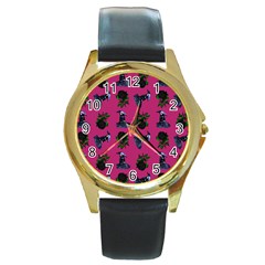 Gothic Girl Rose Pink Pattern Round Gold Metal Watch by snowwhitegirl