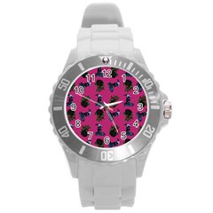 Gothic Girl Rose Pink Pattern Round Plastic Sport Watch (l) by snowwhitegirl