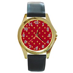 Peeled Banana On Red Round Gold Metal Watch by snowwhitegirl