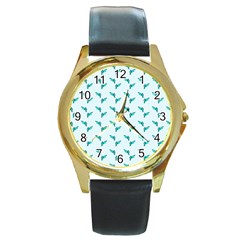 Blue Parrot Pattern Yellow Plaid Flannel Round Gold Metal Watch by snowwhitegirl