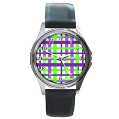 Plaid Waffle Gingham Round Metal Watch by HermanTelo