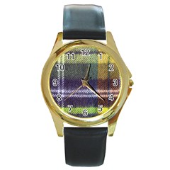 Yellow Plaid Flannel Round Gold Metal Watch by snowwhitegirl