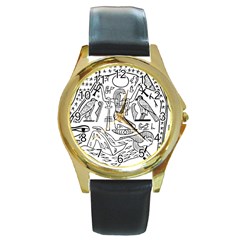 Egyptian Hieroglyphics History Seb Round Gold Metal Watch by Sudhe