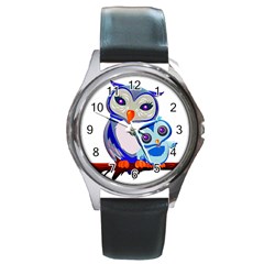 Owl Mother Owl Baby Owl Nature Round Metal Watch by Sudhe